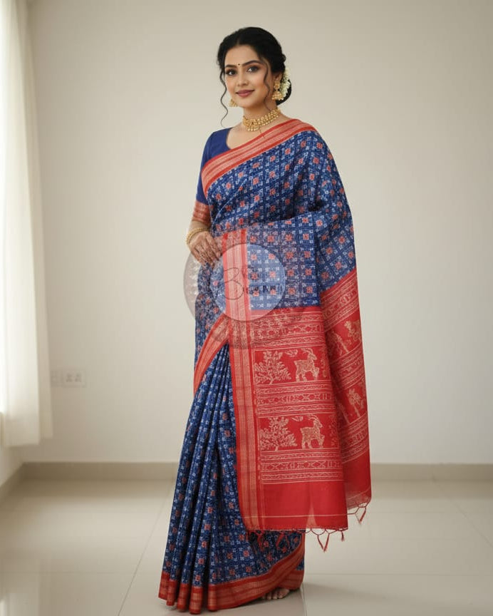 Blue Red Mini Passapalli Odisha Handloom Sambalpuri cotton Saree