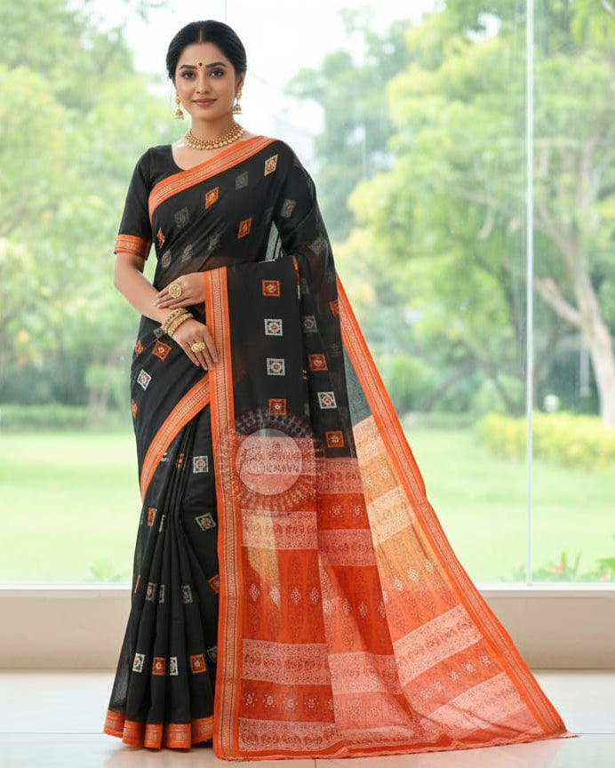 Black Orange Buti Handloom Bomkai Cotton Saree