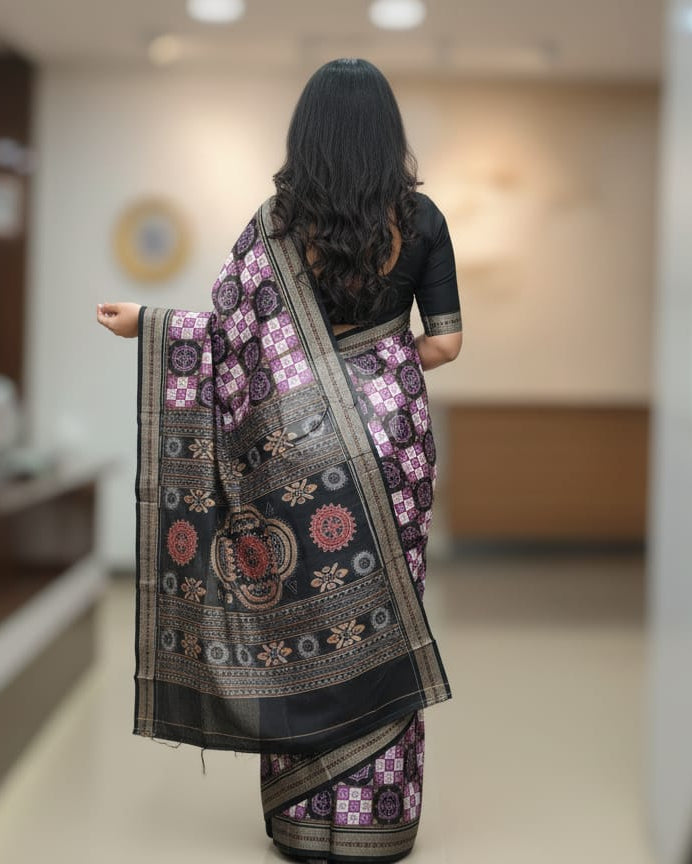 Purple Black Konark Wheel Odisha Handloom Sambalpuri Cotton Saree
