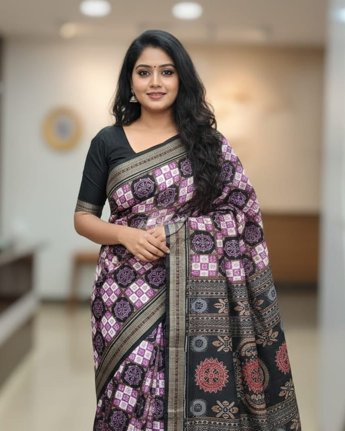 Purple Black Konark Wheel Odisha Handloom Sambalpuri Cotton Saree