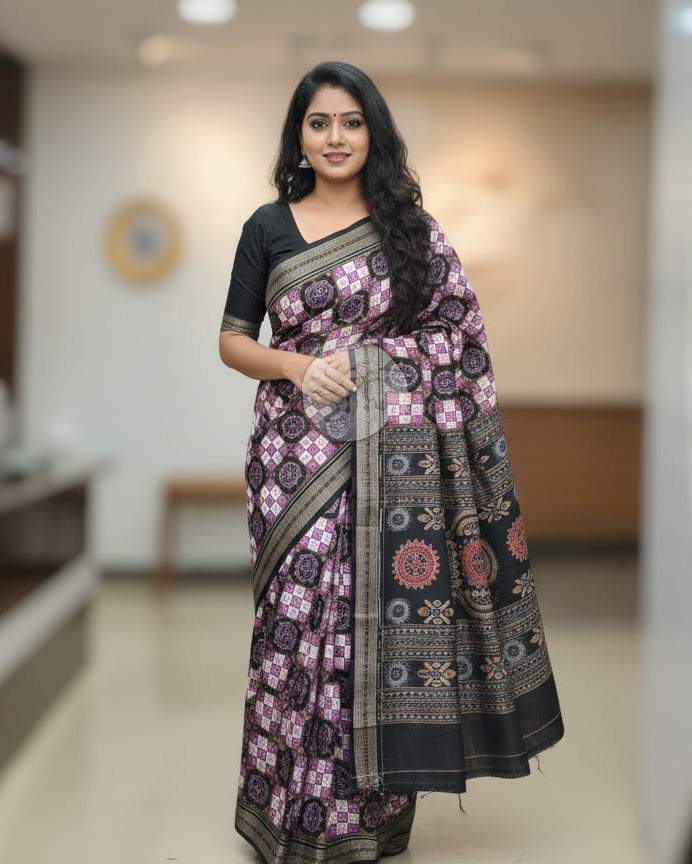 Purple Black Konark Wheel Odisha Handloom Sambalpuri Cotton Saree
