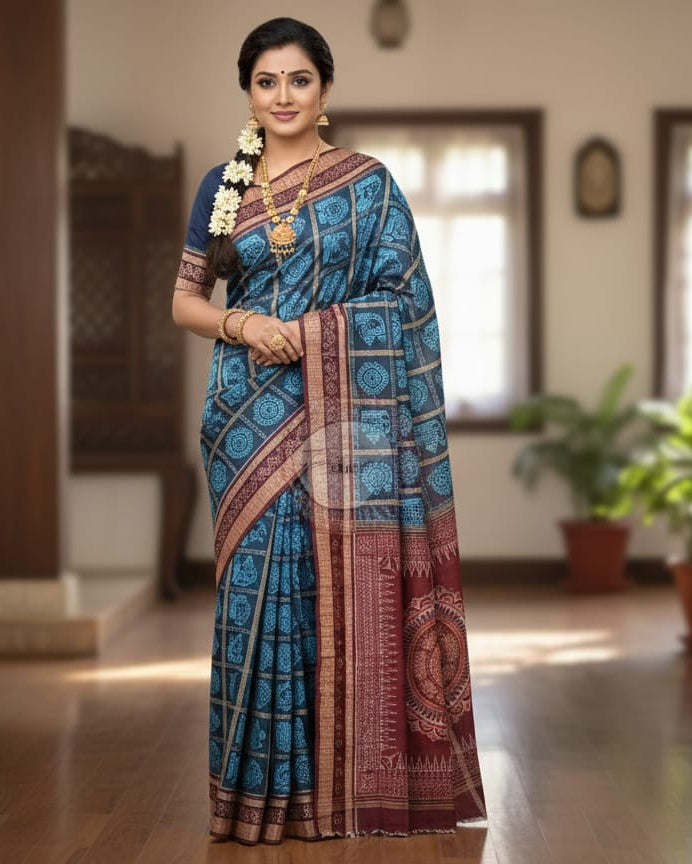 Blue Maroon Jhoti Odisha Handloom Sambalpuri Cotton Saree