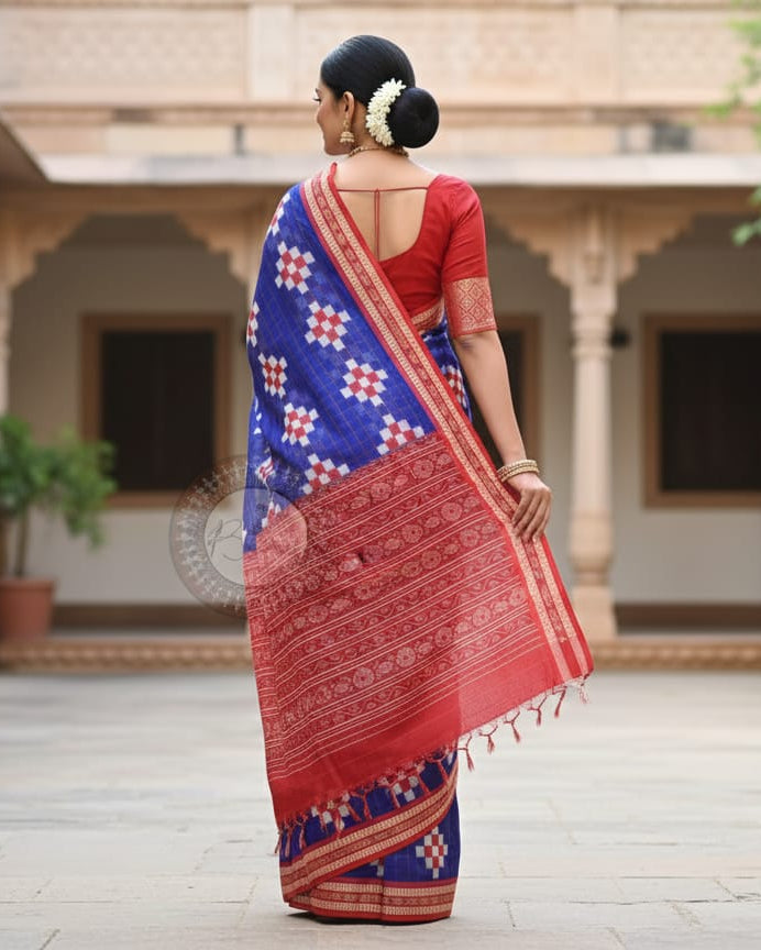 Blue Red Pasapali Odisha Handloom Sambalpuri Saree