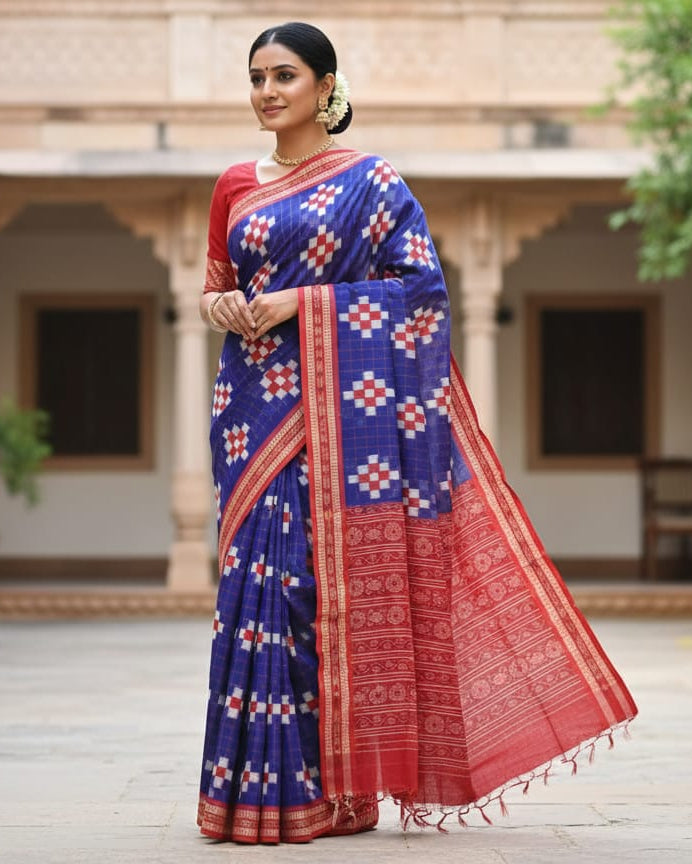 Blue Red Pasapali Odisha Handloom Sambalpuri Saree