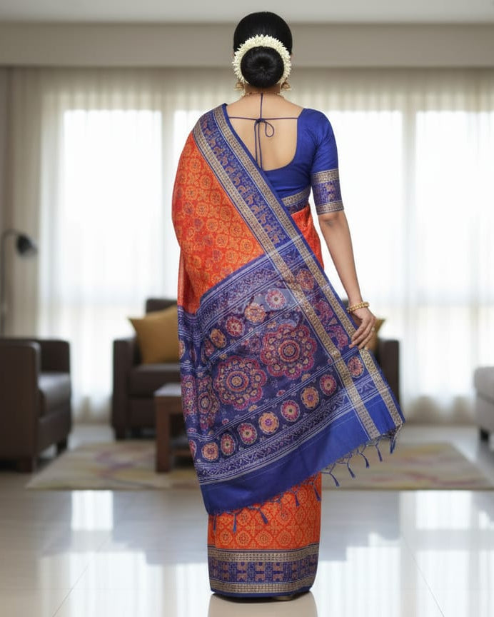 Red Blue Dancer Sambalpuri Cotton Saree