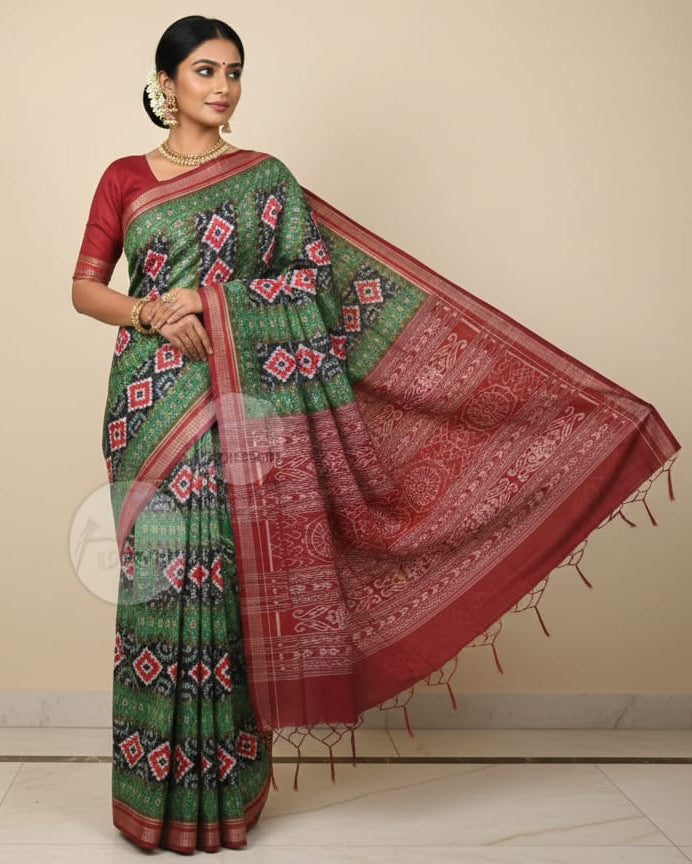 Olive Green Maroon Pasapali Sambalpuri Cotton Saree