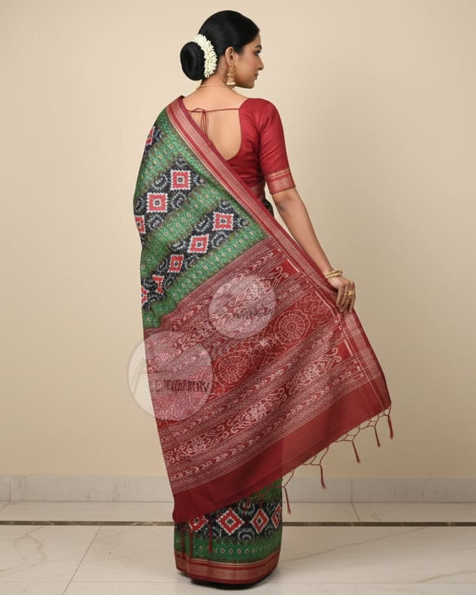 Olive Green Maroon Pasapali Sambalpuri Cotton Saree