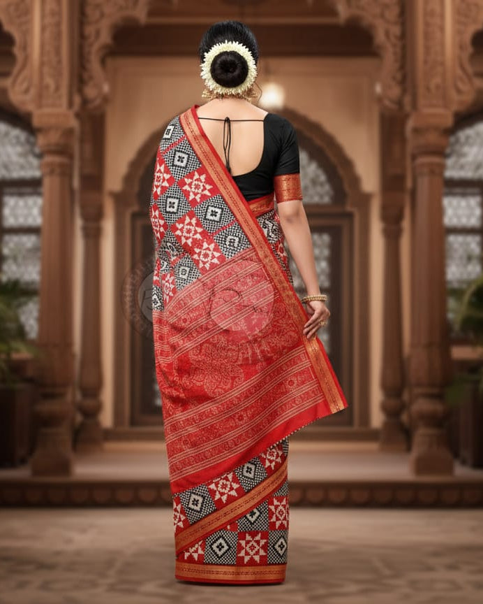 Black White Red Pasapali Sambalpuri Cotton Saree