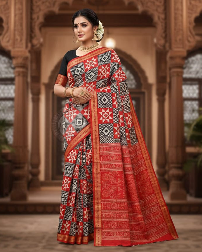 Black White Red Pasapali Sambalpuri Cotton Saree