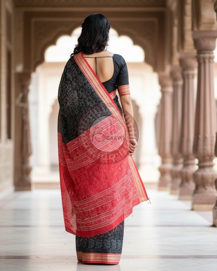 Black Red Mathematical Sambalpuri Cotton Saree