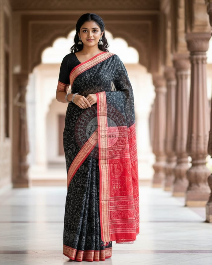 Black Red Mathematical Sambalpuri Cotton Saree