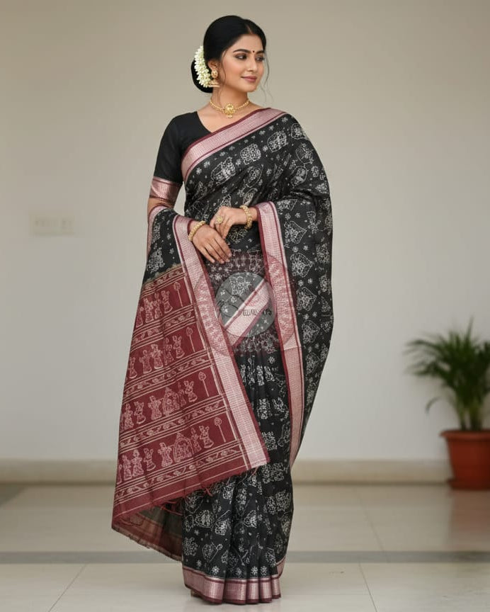 Black Maroon Birds Design Sambalpuri Cotton Saree