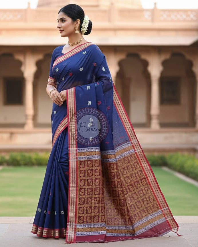 Navy Blue Maroon Peacock Handloom Bomkai Cotton Saree