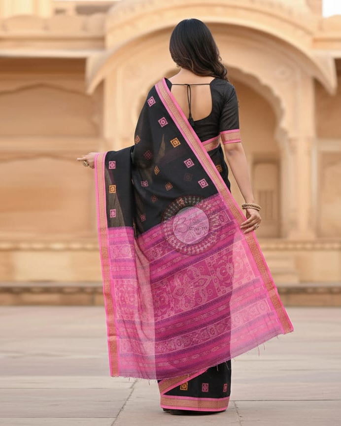 Black Pink Flower Handloom Bomkai Cotton Saree