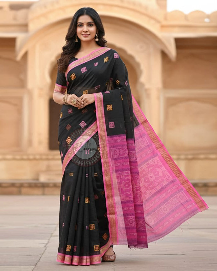 Black Pink Flower Handloom Bomkai Cotton Saree