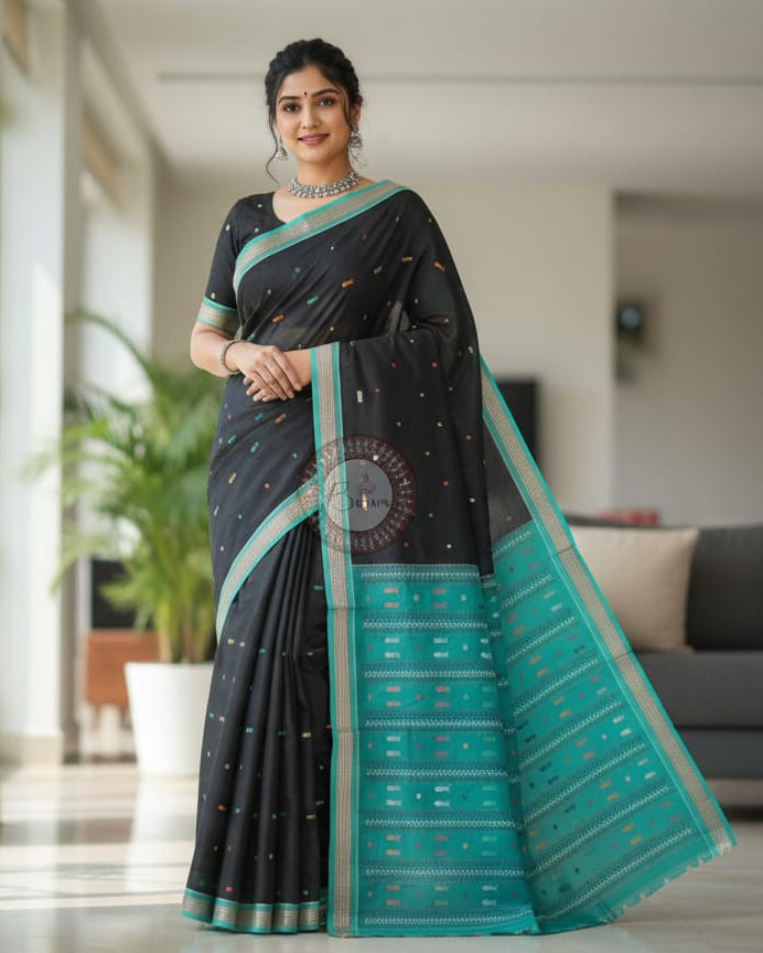 Black Sky Fish Buti Handloom Bomkai Cotton Saree