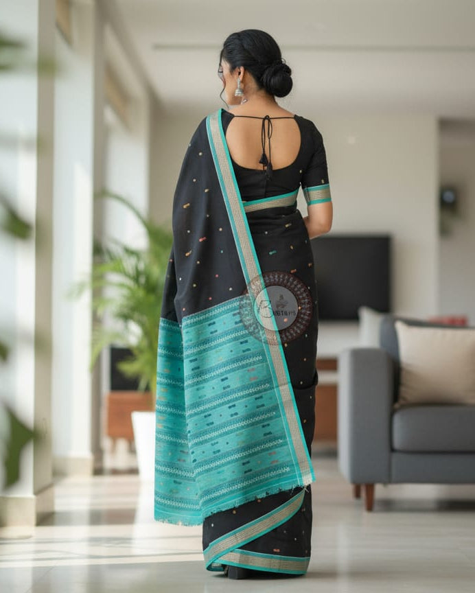 Black Sky Fish Buti Handloom Bomkai Cotton Saree