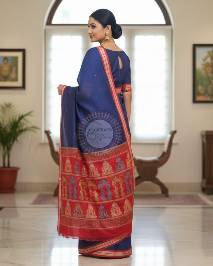 Navy Blue Maroon Bomkai konark Jaala Cotton Saree