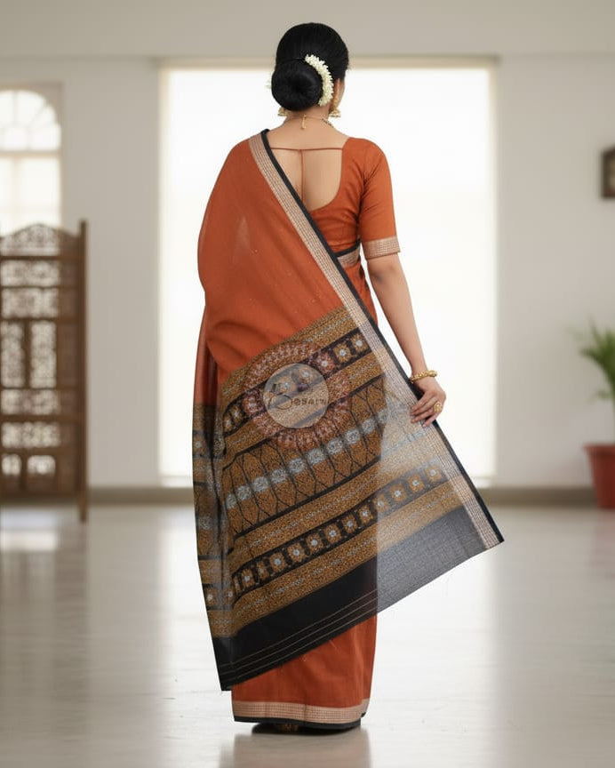Brown Black Buti Handloom Bomkai Cotton Saree