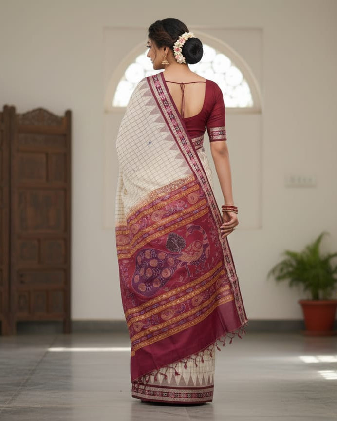 White Maroon Hazarbuti Handloom Bomkai Cotton Saree