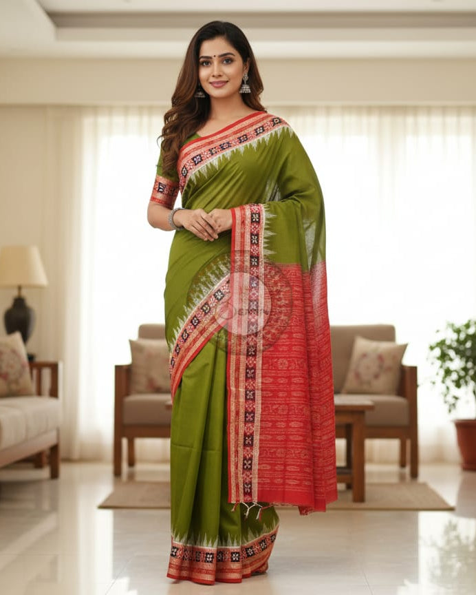 Mehendi Red Pasapali Border Handloom Sambalpuri Cotton Saree