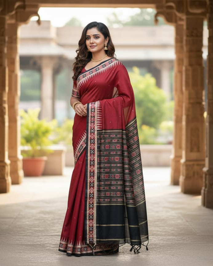 Maroon Black Pasapali Border Handloom Sambalpuri Cotton Saree