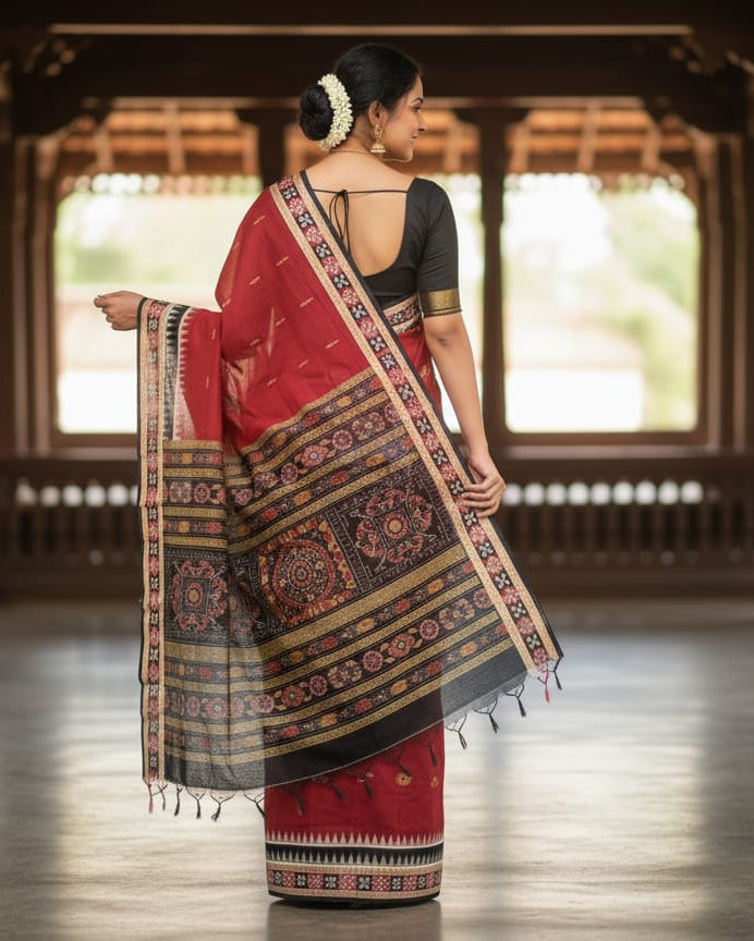 Maroon Multicolor Pasapali Border Handloom Sambalpuri Cotton Saree