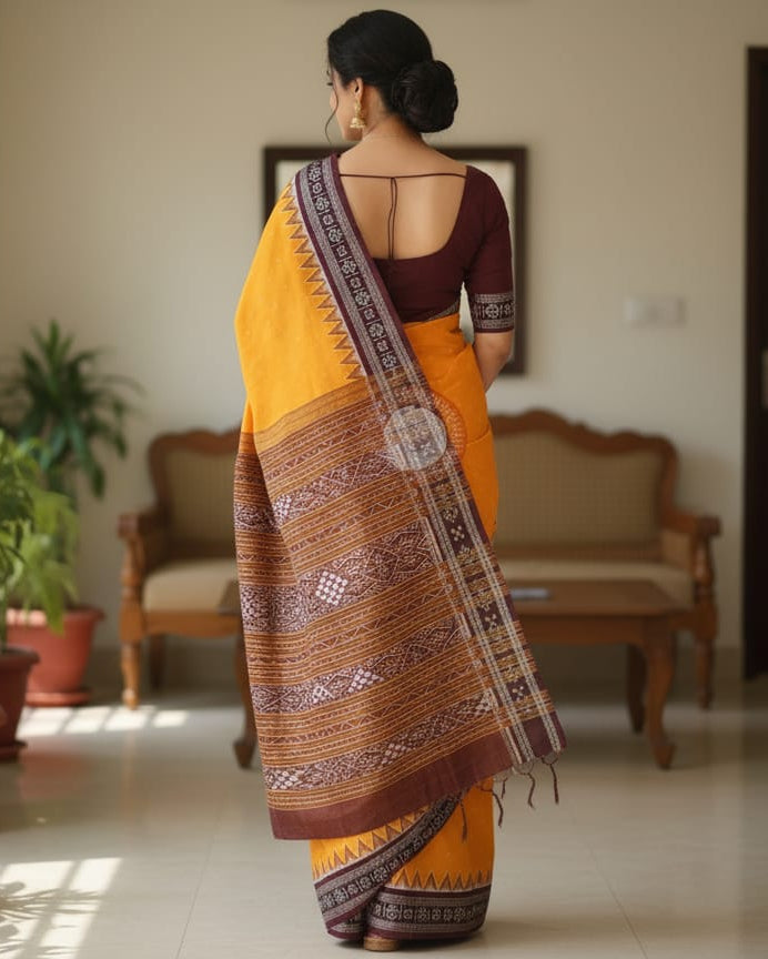 Yellow Pasapali Border Handloom Bomkai Cotton Saree