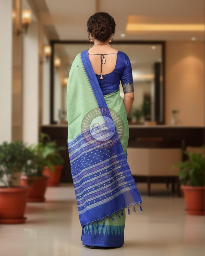 Sea Green Navy Blue Checks Border Handloom Sambalpuri Cotton Saree