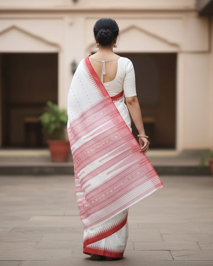 White Red Sachipar Buti Handloom Sambalpuri Cotton Saree