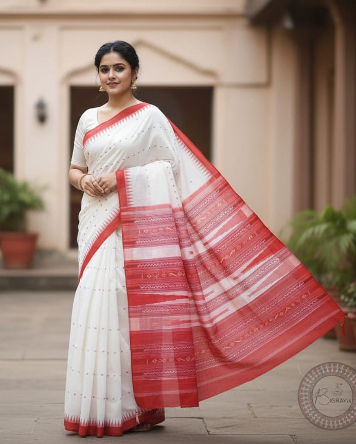 White Red Sachipar Buti Handloom Sambalpuri Cotton Saree