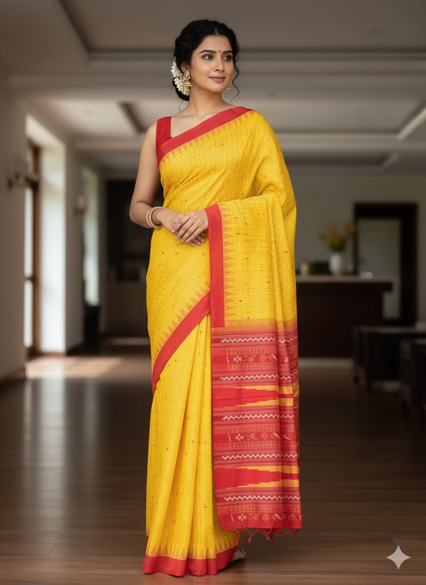 Yellow Maroon Sachipar Buti Handloom Sambalpuri Cotton Saree