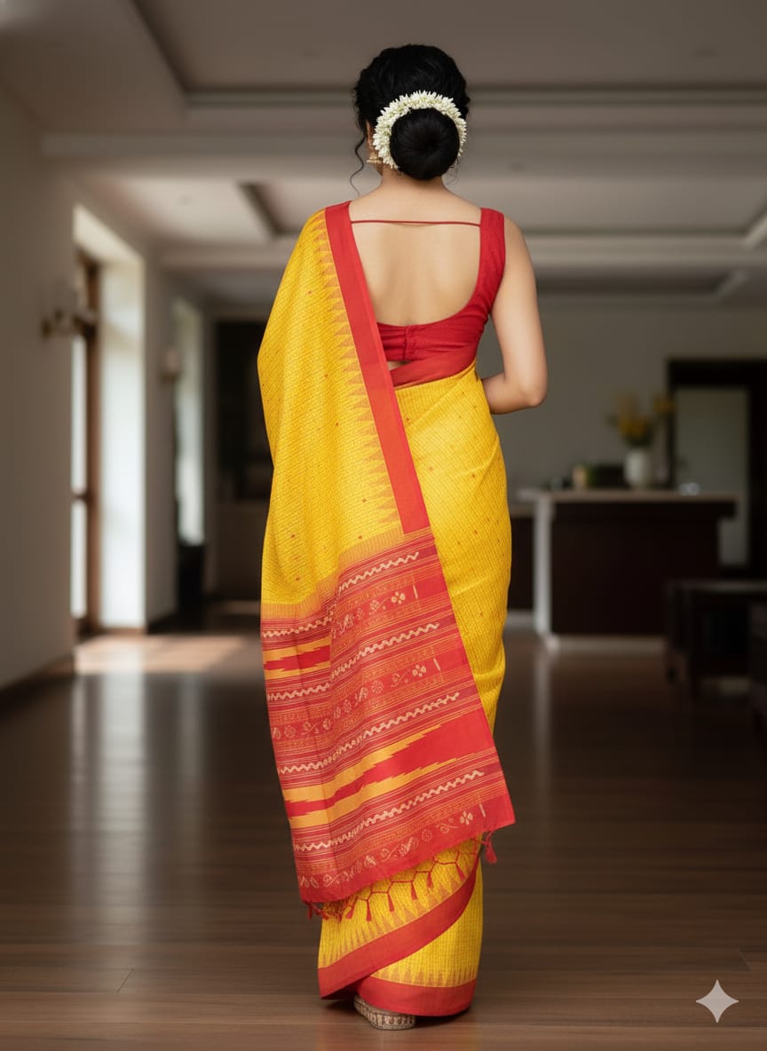 Yellow Maroon Sachipar Buti Handloom Sambalpuri Cotton Saree