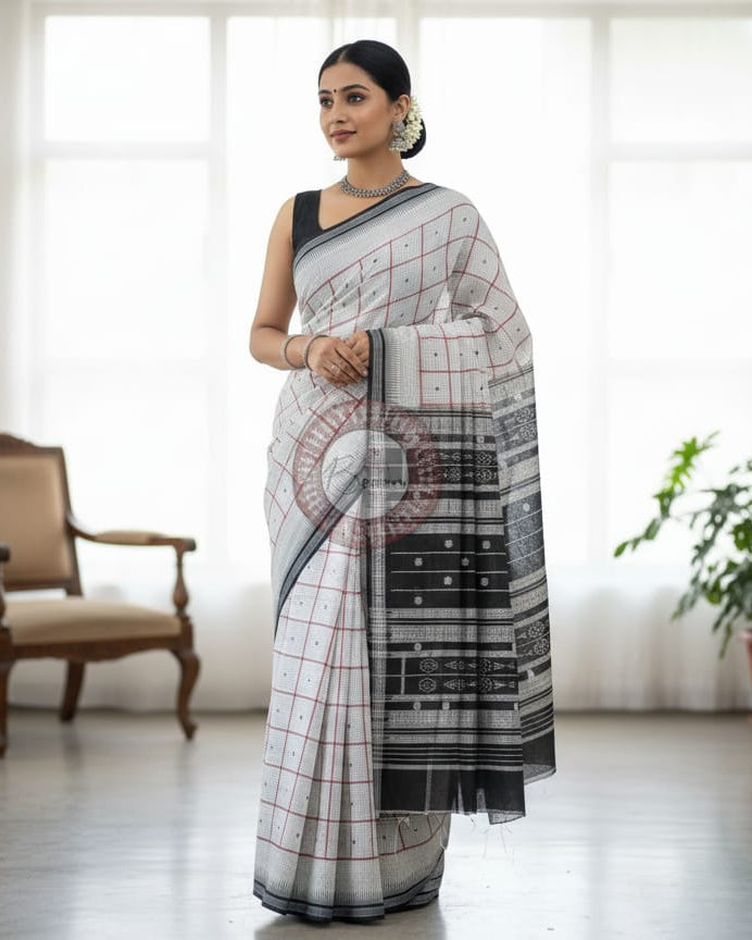 White Black Danti Checks Buti Handloom Sambalpuri Cotton Saree