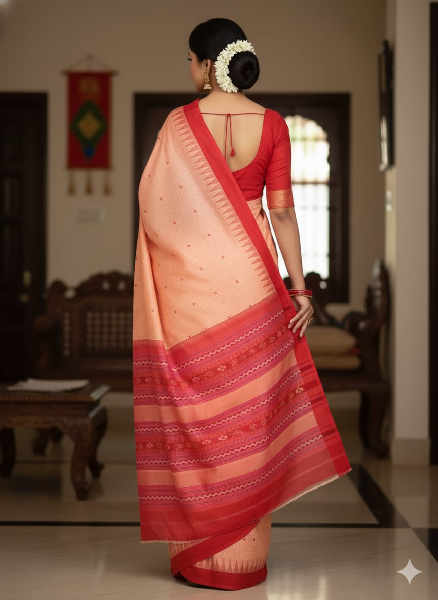 Peach Maroon Sachipar Buti Handloom Sambalpuri Cotton Saree