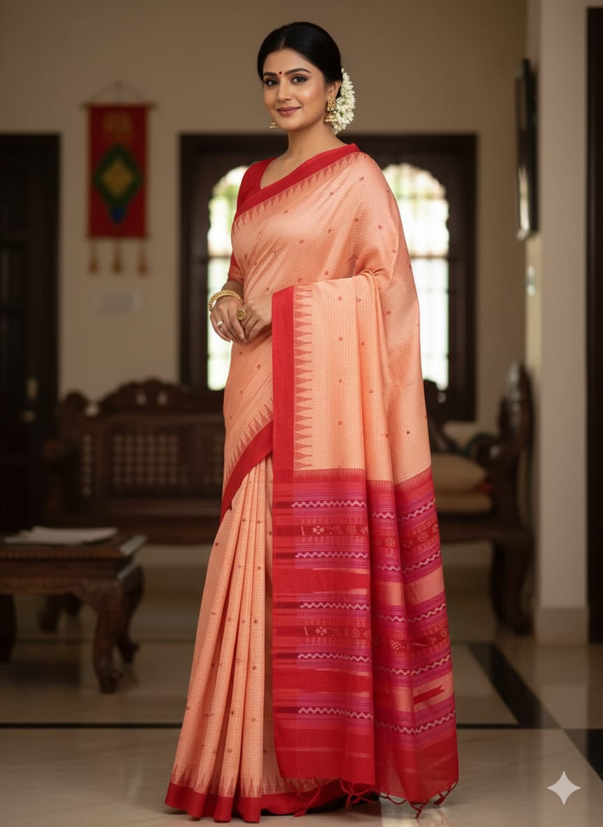 Peach Maroon Sachipar Buti Handloom Sambalpuri Cotton Saree