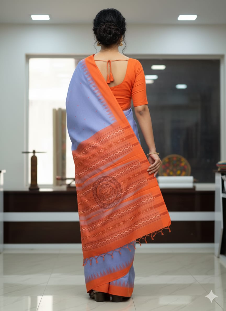 Light Shade Of Blue & Orange Sachipar Buti Handloom Sambalpuri Cotton Saree