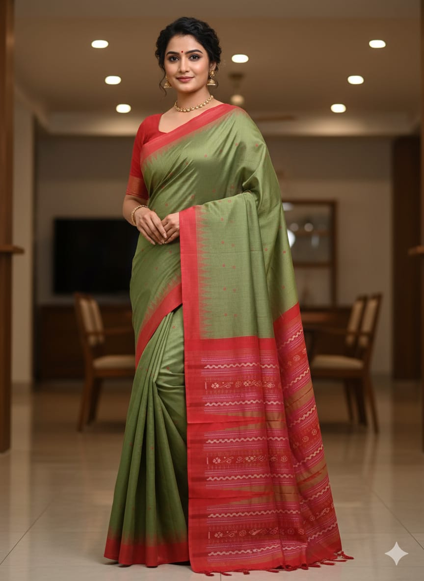 Mehendi Red Sachipar Buti Handloom Sambalpuri Cotton Saree