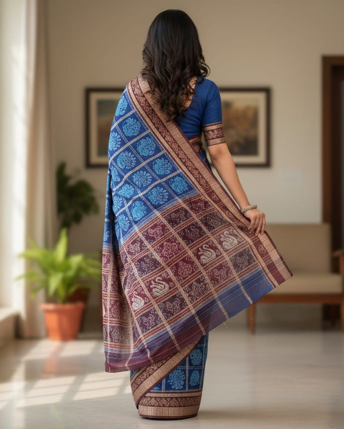 Blue Maroon 5 Kothi Design Odisha Handloom Sambalpuri Cotton Saree