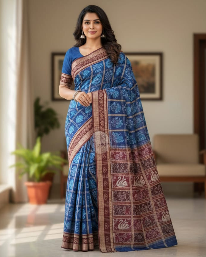 Blue Maroon 5 Kothi Design Odisha Handloom Sambalpuri Cotton Saree