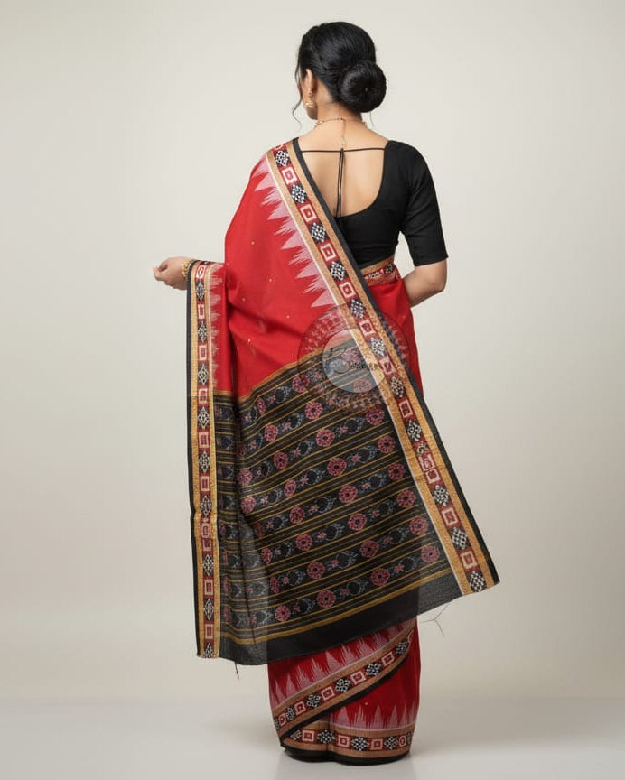 Maroon Black Buti Handloom Sambalpuri Cotton Saree