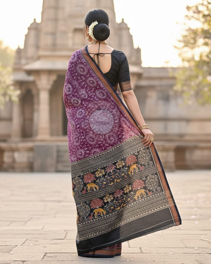 Purple Black Round Tribal Design Odisha Handloom Sambalpuri Cotton Saree