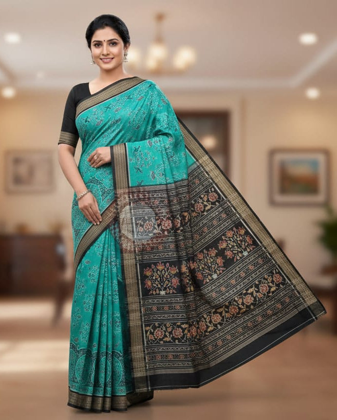 Sea Green Black Upabana Design Odisha Handloom Sambalpuri Cotton Saree