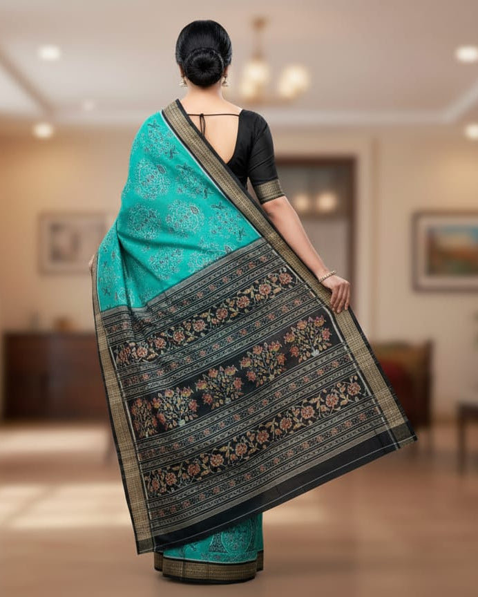 Sea Green Black Upabana Design Odisha Handloom Sambalpuri Cotton Saree