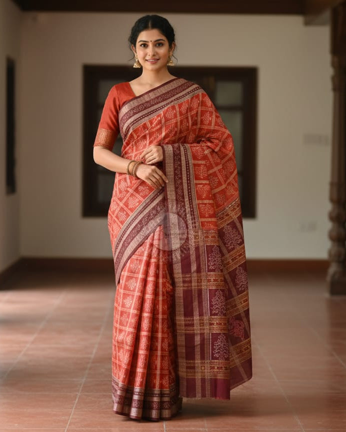 Orange Maroon Tree Design Odisha Handloom Sambalpuri Cotton Saree