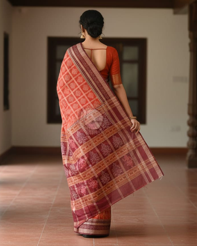 Orange Maroon Tree Design Odisha Handloom Sambalpuri Cotton Saree