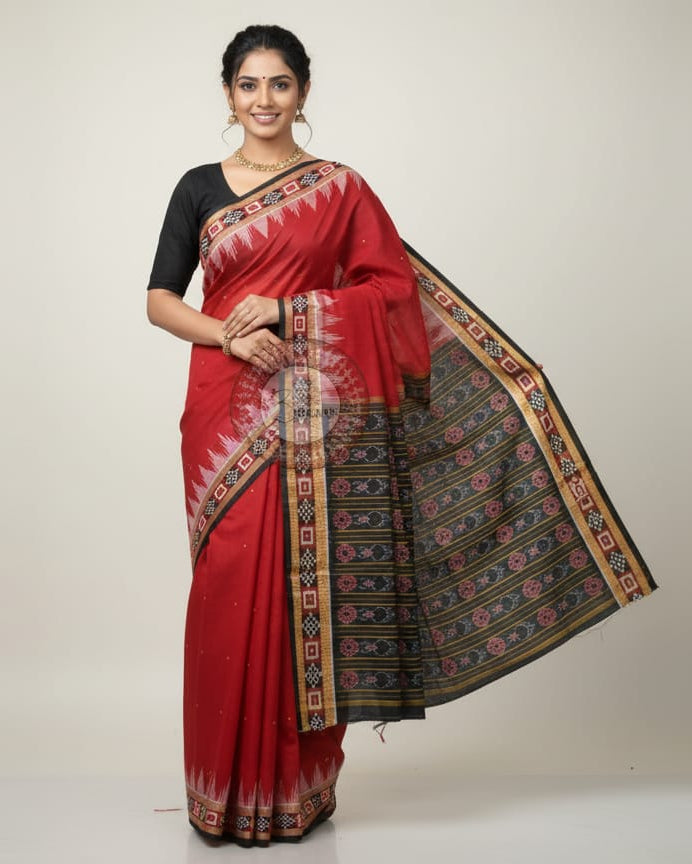 Maroon Black Buti Handloom Sambalpuri Cotton Saree