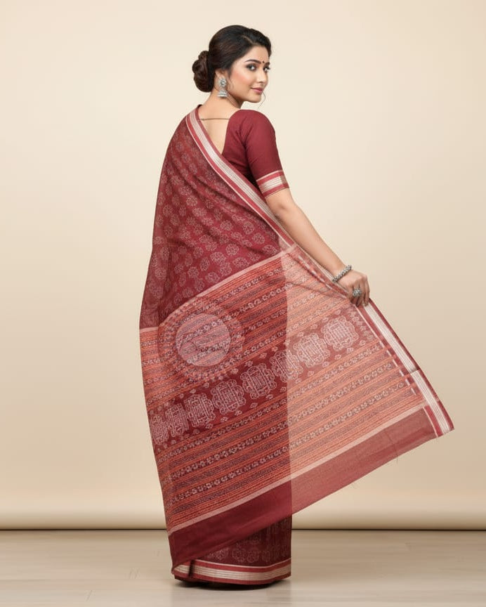 Maroon Dual Elephant Odisha Handloom Sambalpuri Cotton Saree