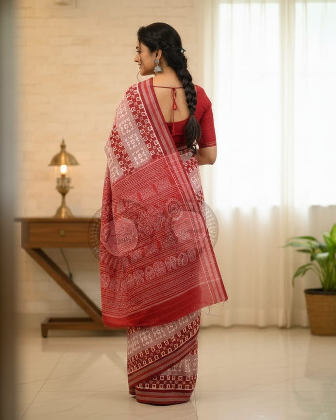 Peach Red Pasapali design Odisha Handloom Sambalpuri Cotton Saree