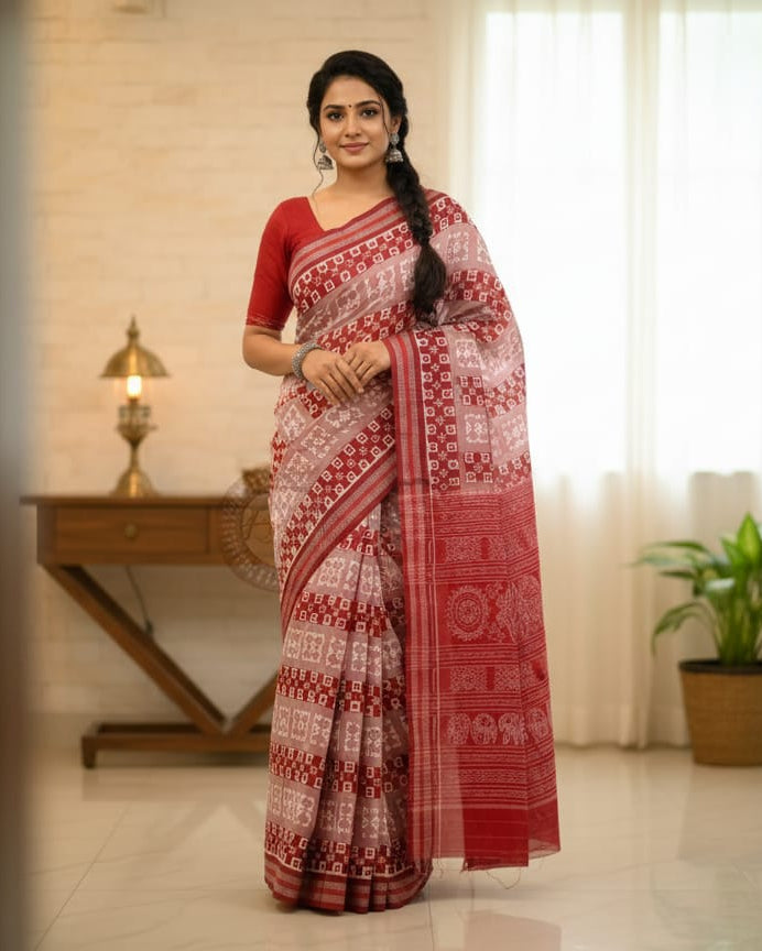 Peach Red Pasapali design Odisha Handloom Sambalpuri Cotton Saree